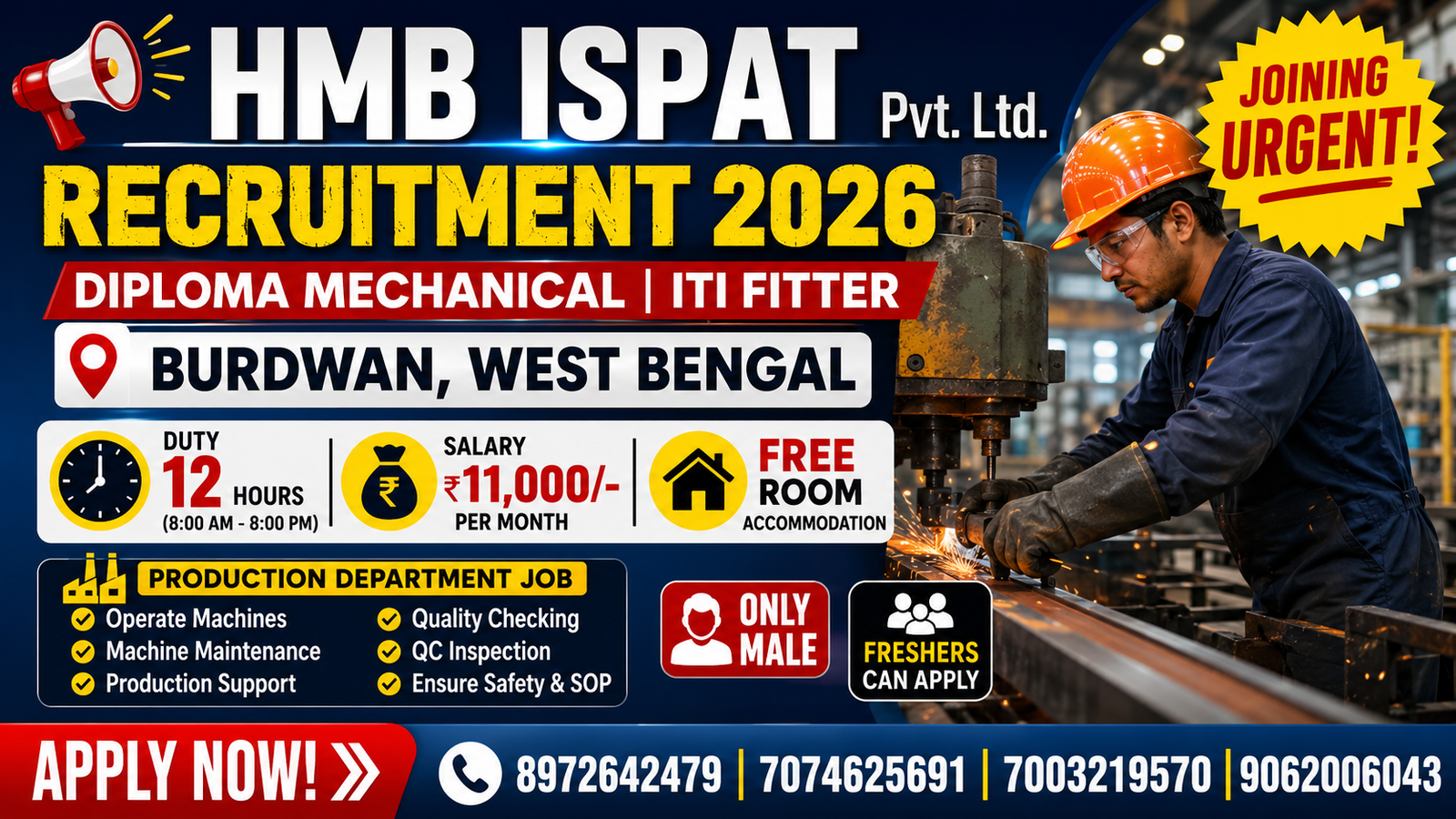 HMB ISPAT Pvt. Ltd. Recruitment 2026 | Diploma Mechanical & ITI Fitter Jobs in Burdwan | Production Department | Freshers Eligible