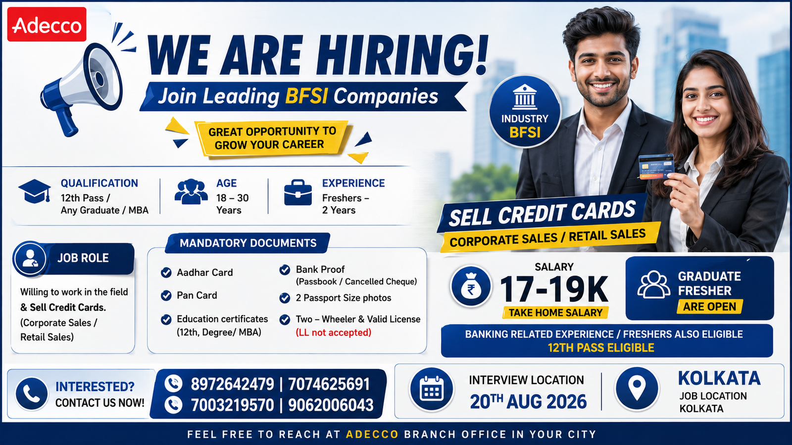 BFSI Sales Executive Recruitment 2026 | Corporate Sales & Retail Sales Jobs in Kolkata | 12th Pass, Graduate, MBA