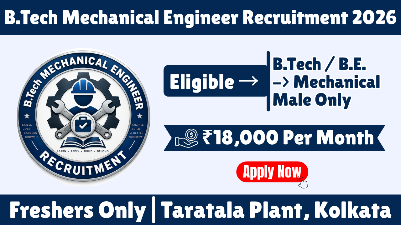 B.Tech Mechanical Engineer Recruitment 2026 in Taratala Kolkata | Fresher NATS Apprenticeship | ₹18,000 Stipend